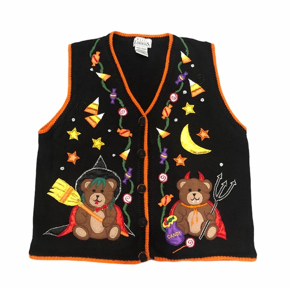 Vintage Sweaters - Halloween Teddy Bear 🧸 Candy Graphic Sweater Vest